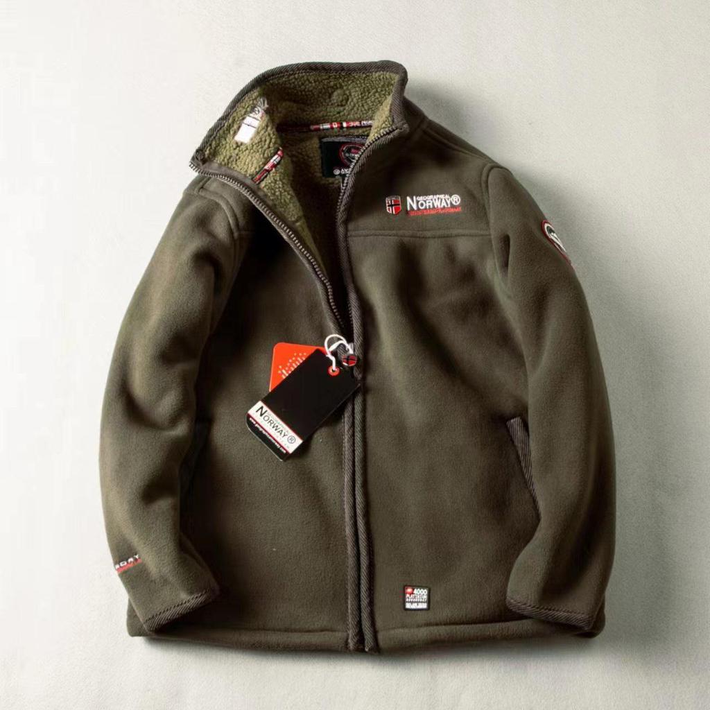 Men's Winter Windproof Fleece-Lined Jacket - Stand Collar, Lamb's Wool, Solid Color, Casual Style