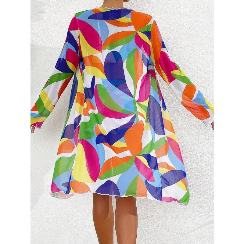 Women's 3 Piece Swimsuit Rainbow Geometric Print High Waist  Beach Cover Up