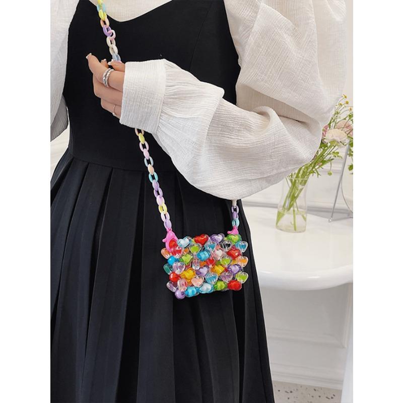 Mini Heart-Shaped Bead Square Bag With Color Matching Fashion, 1 Fashionable Colorful Heart-Shaped Bead Square Bag, DIY Hand Woven Bead