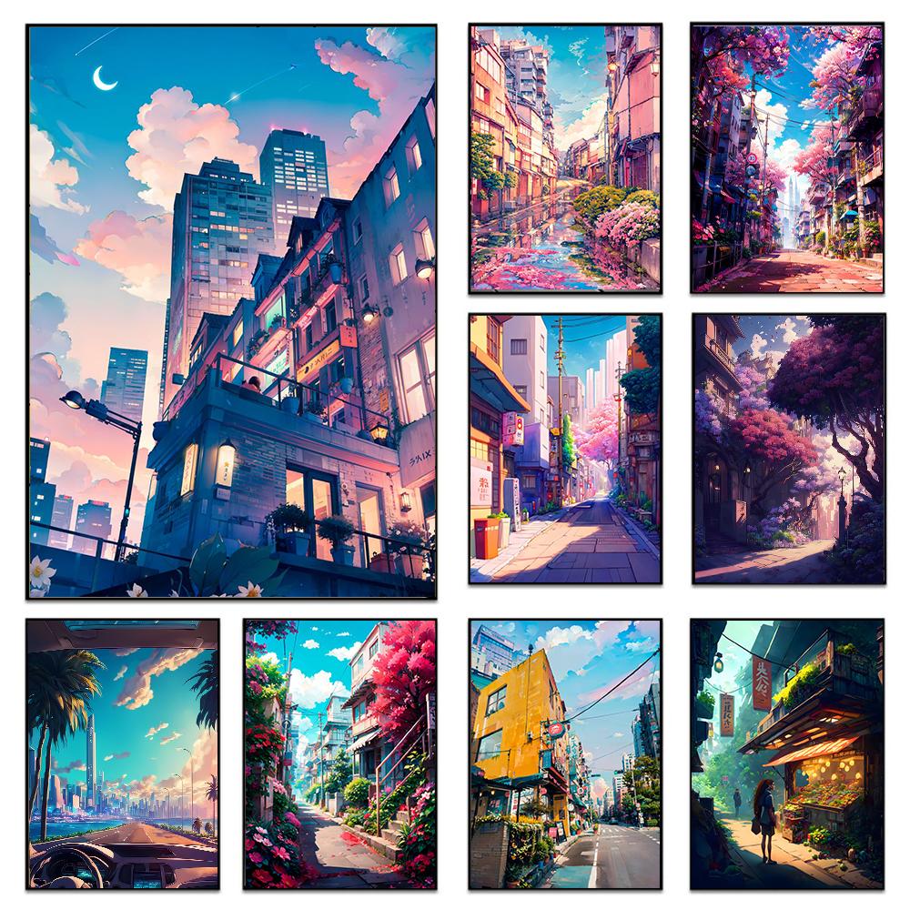 Anime Japanese Street Landscape Poster Prints For Living Room Home Decor Abstract Scenery Canvas Painting Wall Art Aesthetic