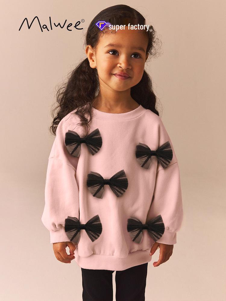 Malwee Girls' Round Neck Long Sleeve Hoodie - Autumn/Winter Cute Toddler Pullover