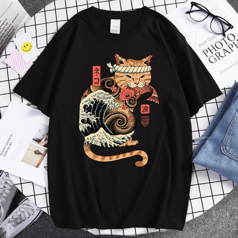 Summer Unisex 100 Cotton Shortsleeved Breathable Samurai Cat Personalized Print Tshirt For Casual And Loose Fit Hiphop Style