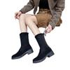 Herbst und Winter neue Wildleder-Stiefel mit dickem Absatz in Übergröße aus Samt-Baumwolle, hinten zum Schnüren, runde Spitze, mittlerer Absatz, dünne Stiefel