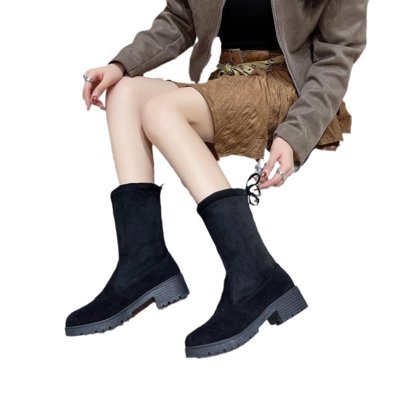 Autumn and Winter New Thick Heel Suede Large Size Velvet Cotton Boots Rear Lace-up Round Head Middle Heel Thin Boots