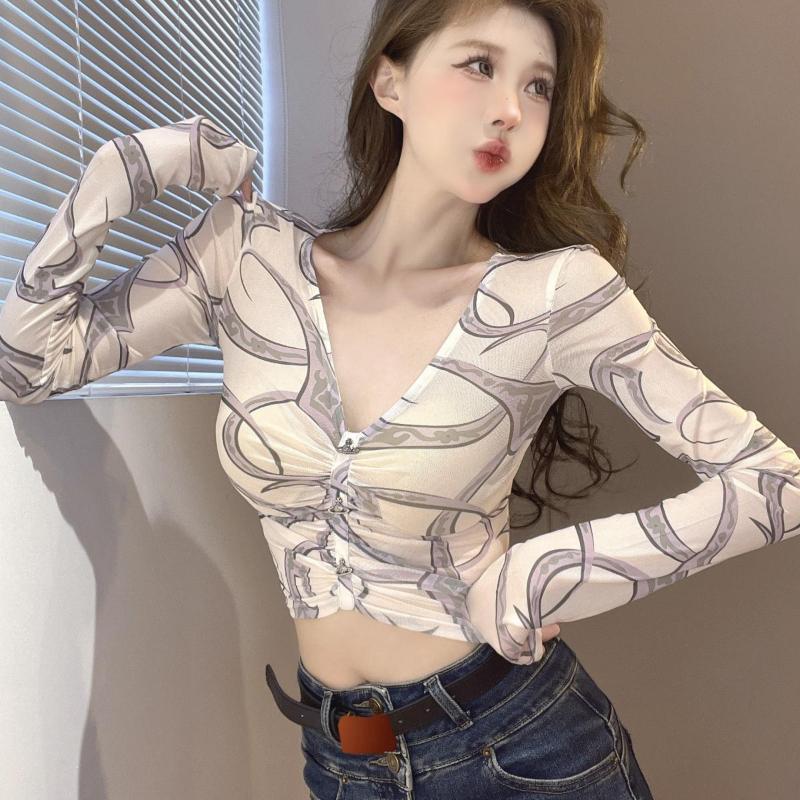 Pure Desire Sexy Sun Protection Long-sleeve Blouse Women's Summer Spicy Girl V-neck Mesh Pullover Top Base Layer T-shirt