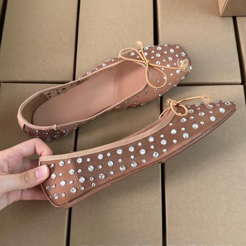 Fashion Summer Breathable Mesh Women Ballet Flats Bling Diamond Bow Decoration Soft Sole Brand Designer Leisure Ladies Mary Jane Shoes