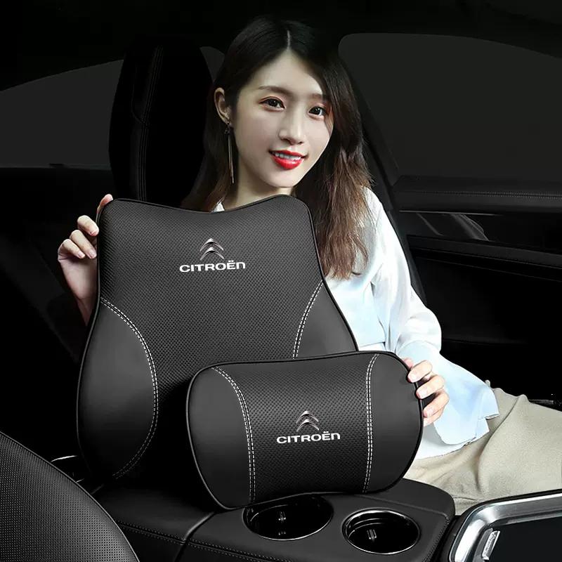 Car Leather Headrest Lumbar Support Neck Pillow Back Cushion For Citroen C5X e-C4 X e-C3 C4 C3 C5 Berlingo C-Elysee Keychain YX3