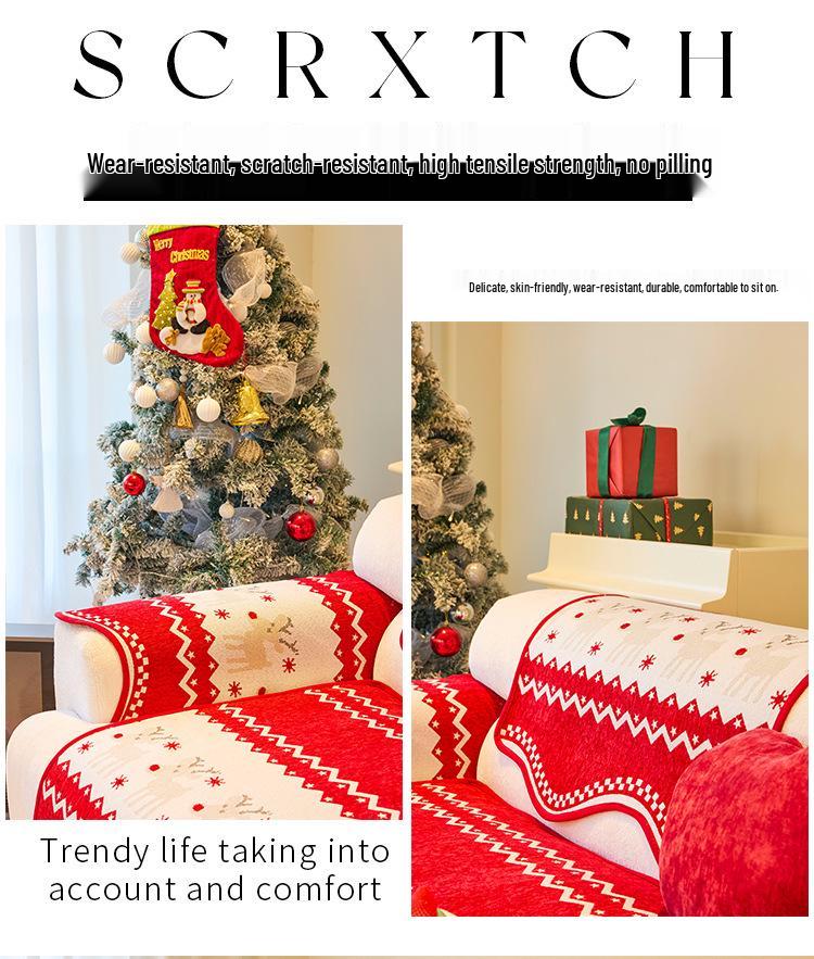 Festive Red Chenille Non-Slip Sofa Cover for All Seasons - New Year & Christmas Style