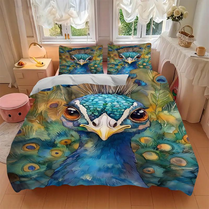 3pcs Peacock Feather Duvet Cover Set -Includes 1 Duvet Cover and 2 Pillowcases, No Quilt Core, All-Season Home Decor  Yy251111137
