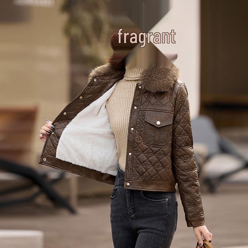 

Women s Winter Leather Jacket: Fleece-Lined, Big Fur Collar, Fashionable PU Coat ZH1155 L 115-125 jin