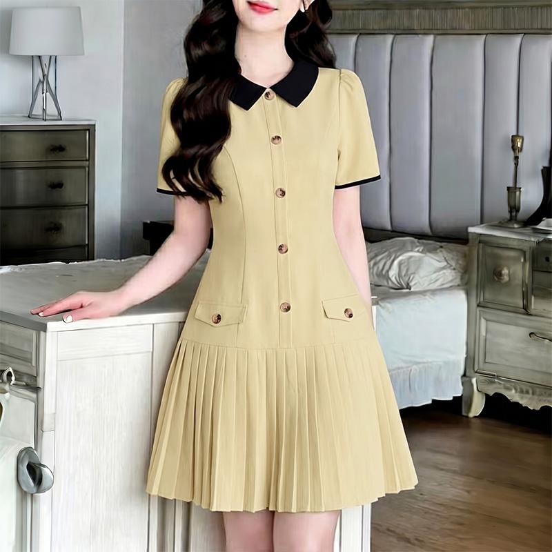 ZANZEA Women Splice Collar Summer Casual Short Sleeve Pleated Dress S хаки