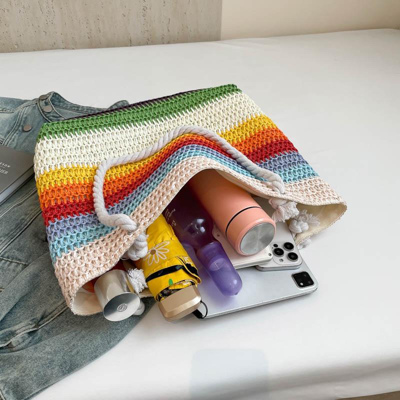 Casual Beach Handbag Strip Weave Bag Large Capacity Lazy Style Rainbow Beach Bag Bohemian Style Hollow Tote Bag Streetwear CLE