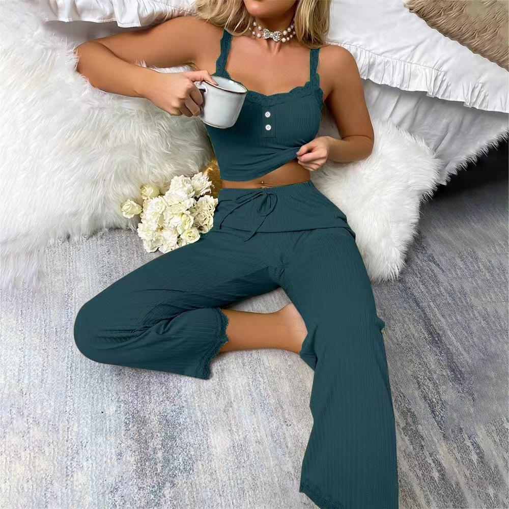 2 Pcs/Set Pants Top Suit Low-cut V Neck Sleeveless Solid Color Shirring Drawstring High Elastic Waist Lace Women Summer Pajamas Set Homewear