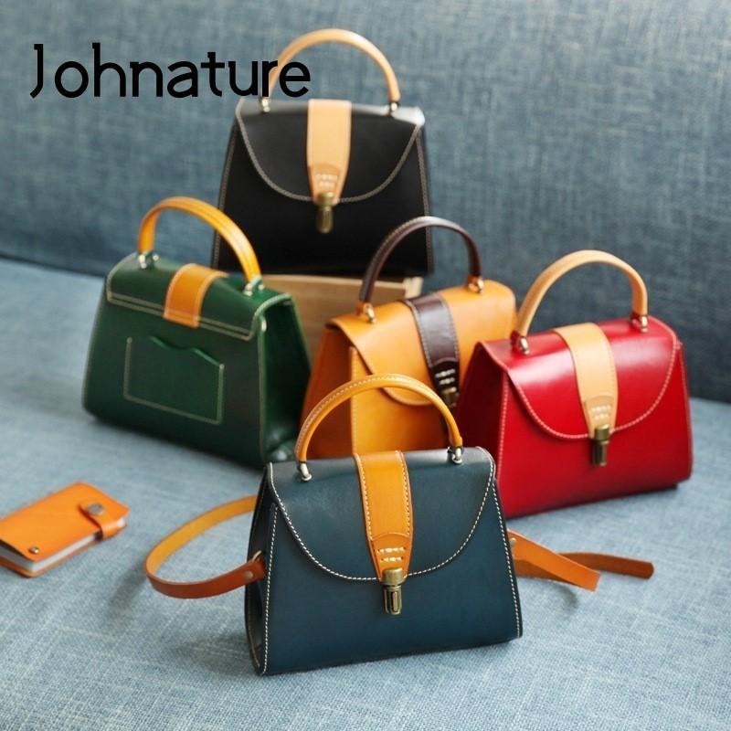 Johnature Genuine Leather Handmade Women Bag Handbag Retro Natural Real Cowhide Solid Color Versatile Shoulder Bags
