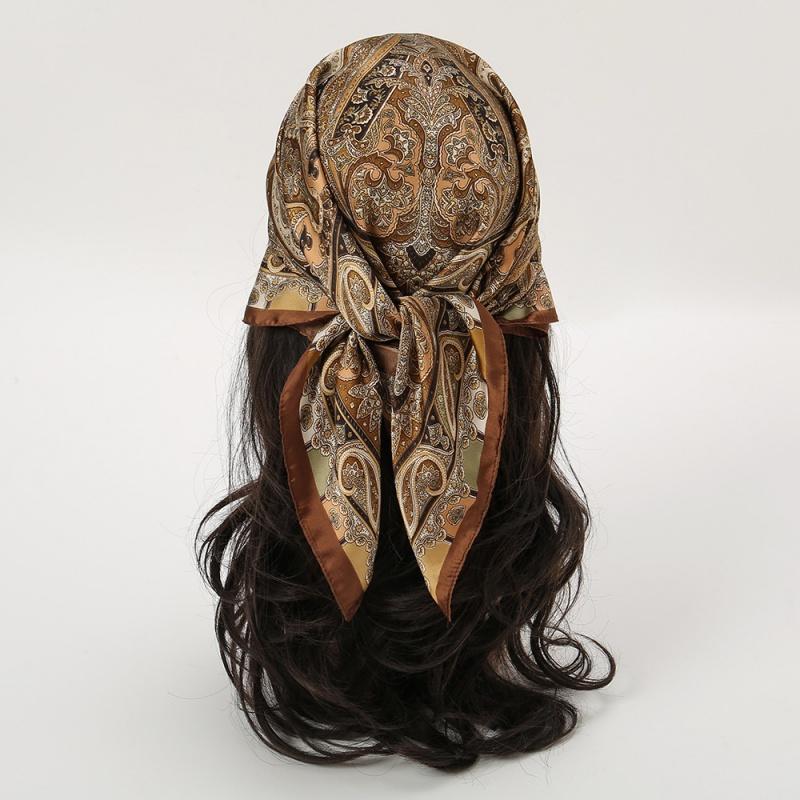 

68cm Retro British Palace Style Silk Scarf Women s Simulated Silk Cashew Pattern Print Clothing and Bag Decoration Square Scarf коричневый