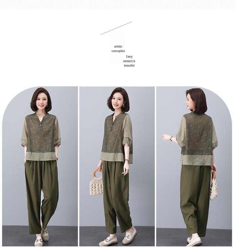 Dámský letní lněný ležérní oblek 2024: Módní bavlněno-lněný dvoudílný set pro ženy středního věku, plus size, drobné maminky