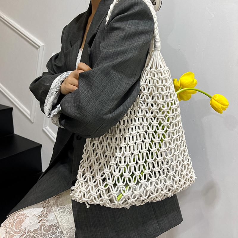 and-Woven Bag Women Handmade Hollow Handbag Female Shoulder Bag Big Capacity Summer Casual Travel Beach Tote Purse