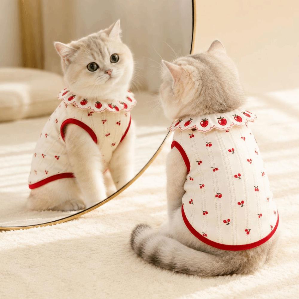 Thin Cat Flower Edge Vest Cherry Pattern Pet Shirt Cute Cat Pullover  Pet Clothing
