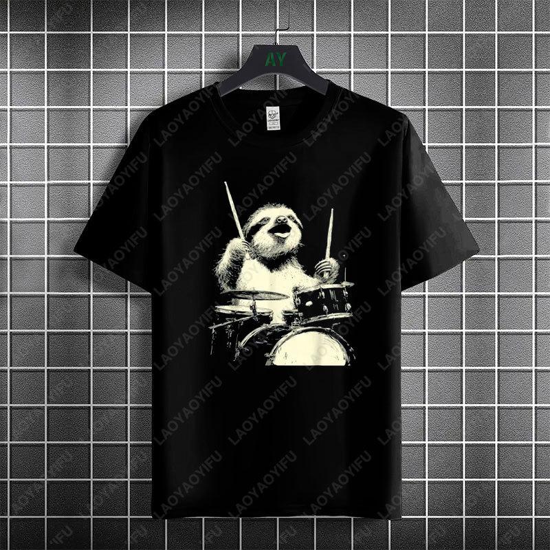 Funny Cute Sloth Playing Drums Animal Drummer Graphic Tshirt 100 Cotton Short Sleeve Round Neck Humor Style Casual Tshirt