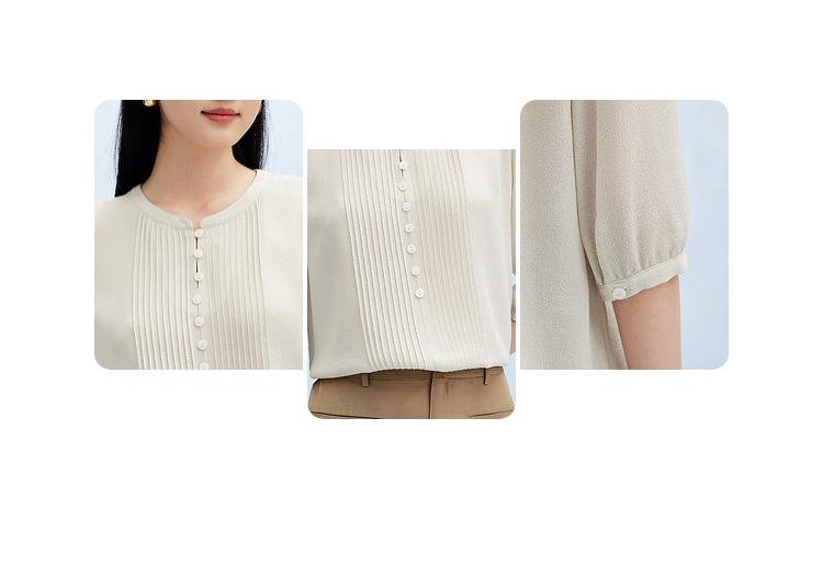 Selected Silk Ghost Crepe Summer Round Neck Organ Fold Design Solid Color Heavy Weight Mulberry Silk T-shirt for Women