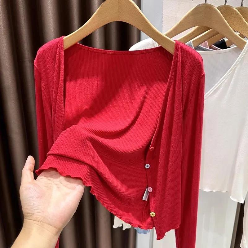 Damen Hellgrau Gerippt Gestrickt Cropped Cardigan Bunter Knopf Offene Vorderseite Lässiger Bolero