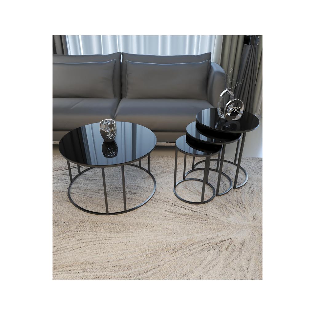 Ceylin 3-seat Nesting Coffee Table Black Metal Leg, Black Shatterproof Glass