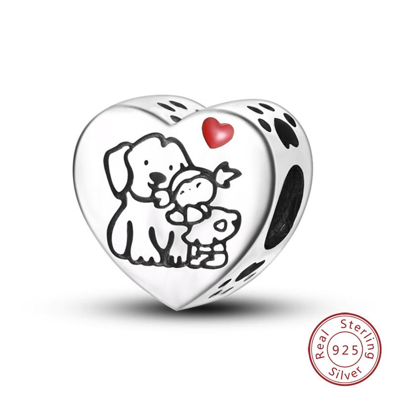 I Love My Pets Charms Beads 925 Silver Heart Shaped Pink Zircon Claws Pendants Fit Bracelets Fine DIY Birthday Jewelry