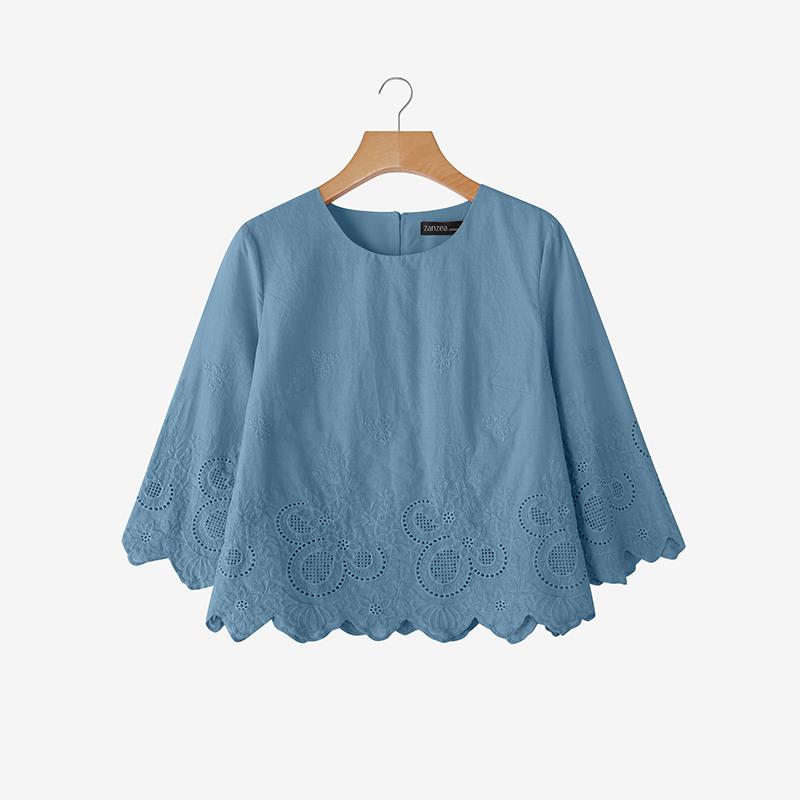 

ZANZEA Женская повседневная блузка с круглым вырезом, вышивкой, крючком, летняя, с рукавом 3/4 5XL синий