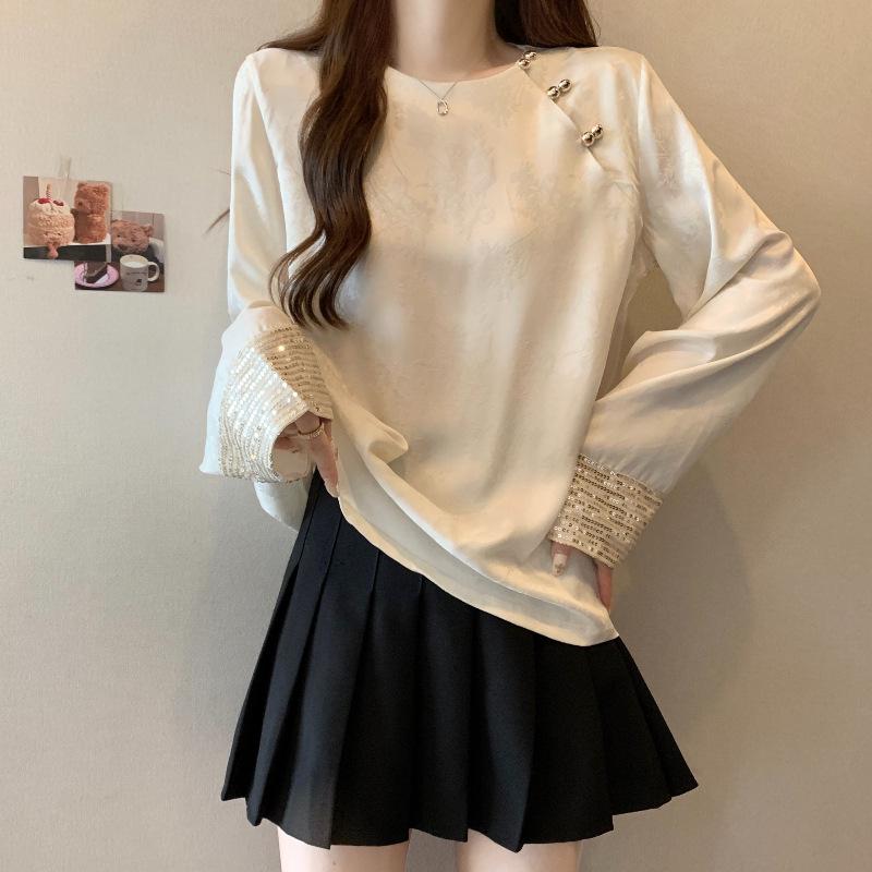 

Весна 2024 г. Женская рубашка из атласа и жаккарда с пуговицами в китайском стиле с пайетками 4XL белый