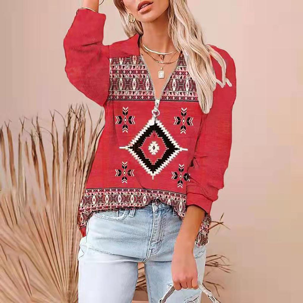 Ladies Casual Ethnic Print Fashion Large Size V-neck Zipper Long-sleeved Blouse