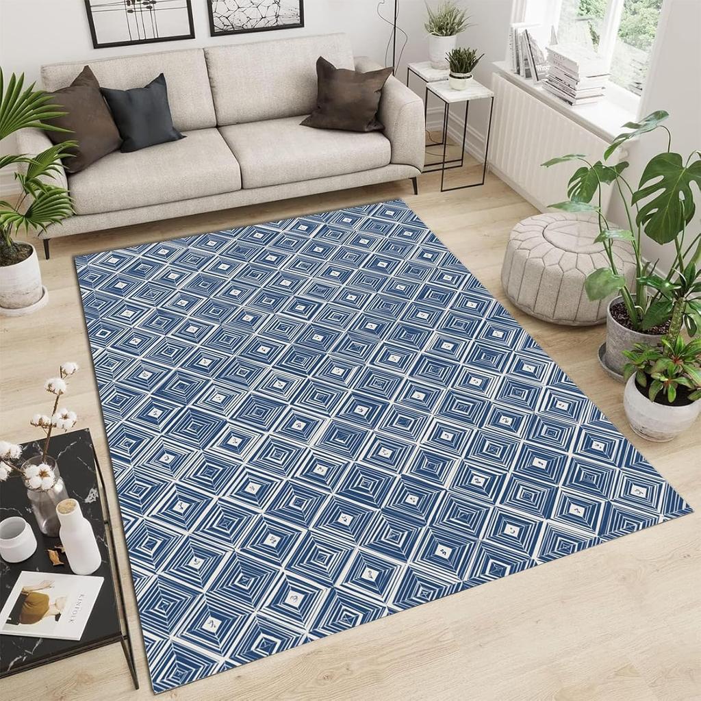 Blue & White Geometric Square Print Area Rug, Modern Abstract Non-Slip Floor Mat for Living Room Bedroom Home Decor Carpet