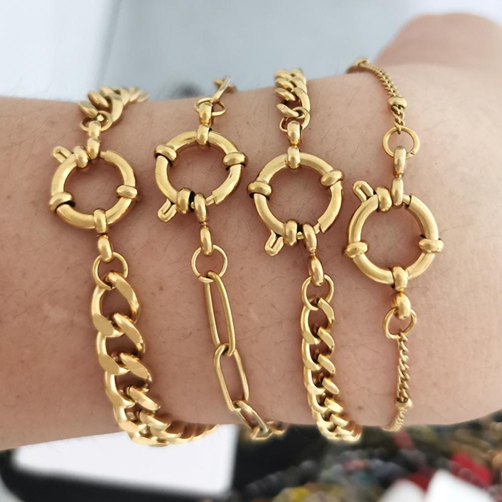 QMHJE Stainless Steel Bracelet Anklet Women Men Anchor Clasp Beads Chain Sailor Wheel Geometric Link Basic DIY Gold Silver
