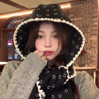 Cute All In One Hat and Scarf for Women Korean Style Versatile Warm Hooded Cape for Autumn and Winter