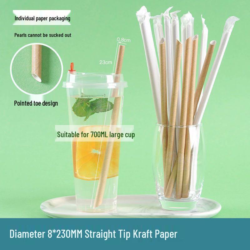 Eco-friendly Biodegradable Large Boba Tea Straw, Pointed Tip, Individually Wrapped Kraft Paper.