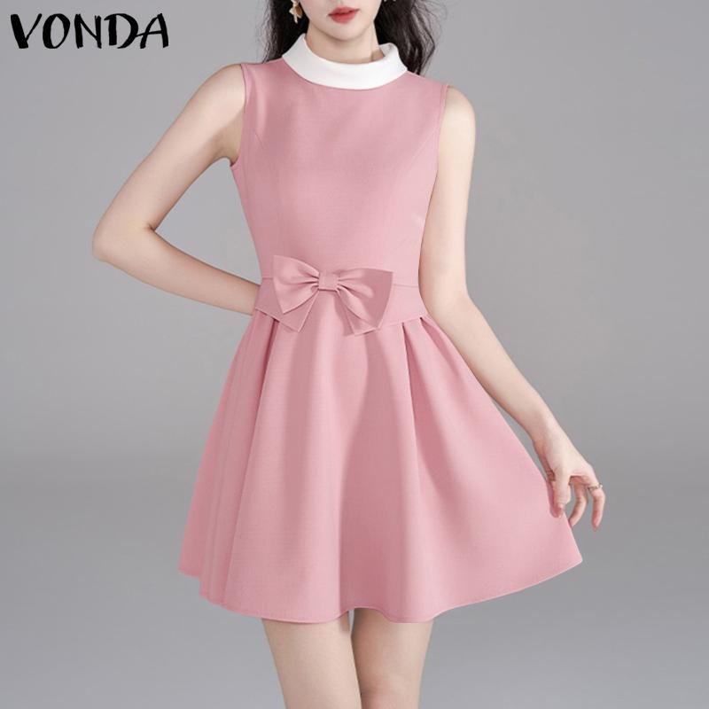 

VONDA Women Summer Mockneck Neck Sleeveless Bow Casual Elegant Pleated Dress M рожевий