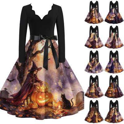 Women's Casual V-Neck Long Sleeve Vintage Halloween Print Dress