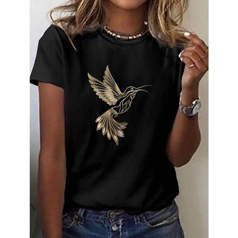 European size Women's Golden Hummingbird in Flight Print T-Shirt - Short Sleeve Crew Neck Casual Top, Medium Stretch Breathable Fabric