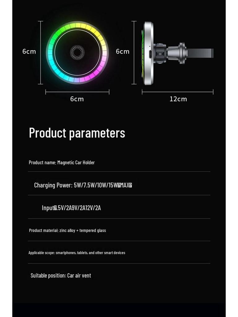 Magnetic Car Wireless Charger & Phone Holder with RGB Lights - 15W Fast Charge