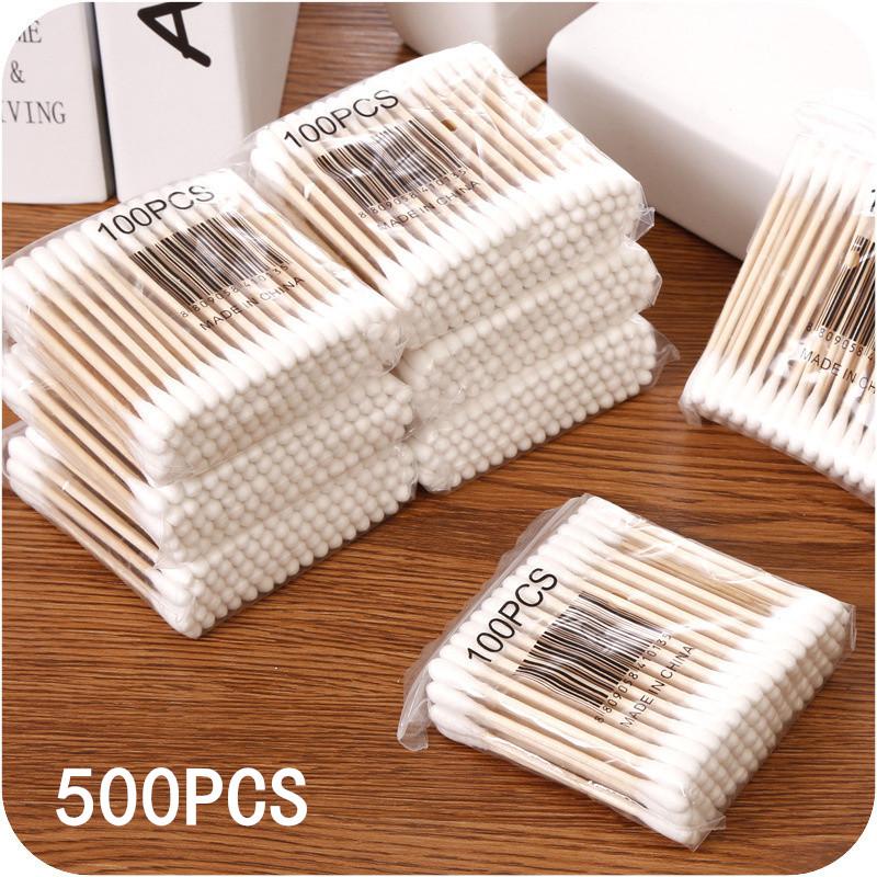 Grootverpakking Dubbelzijdige Katoenstaafjes Met Houten Steel - 100/500/1000 stuks per Pak voor Make-up Verwijderen En Oor Reinigen