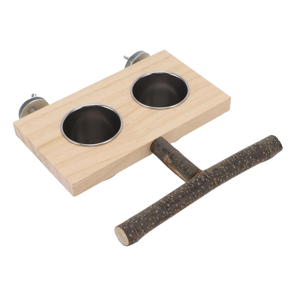 Bird Cage Feeder with Perch Stand Stainless Steel Food Cup Bird Wooden Feeding Bowl for Parakeets Cockatiels