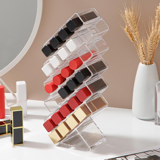 Organizador de Batom Empilhável com 16 ou 28 Compartimentos Suporte para Batom Torre de Acrílico Transparente Suporte para Armazenamento de Gloss para Bancada Cômoda