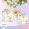 Baby Communion & Christening Tableware Set: White Floral & Cross Paper Plates, Tablecloth Decoration
