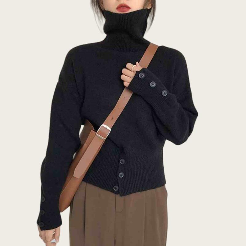 Autumn Winter New Turtleneck Long Sleeve Pullover Sweater for Women Elegant 2025 Fashion Loose Hem Button Sweaters Office Casual Knit Top Clothing