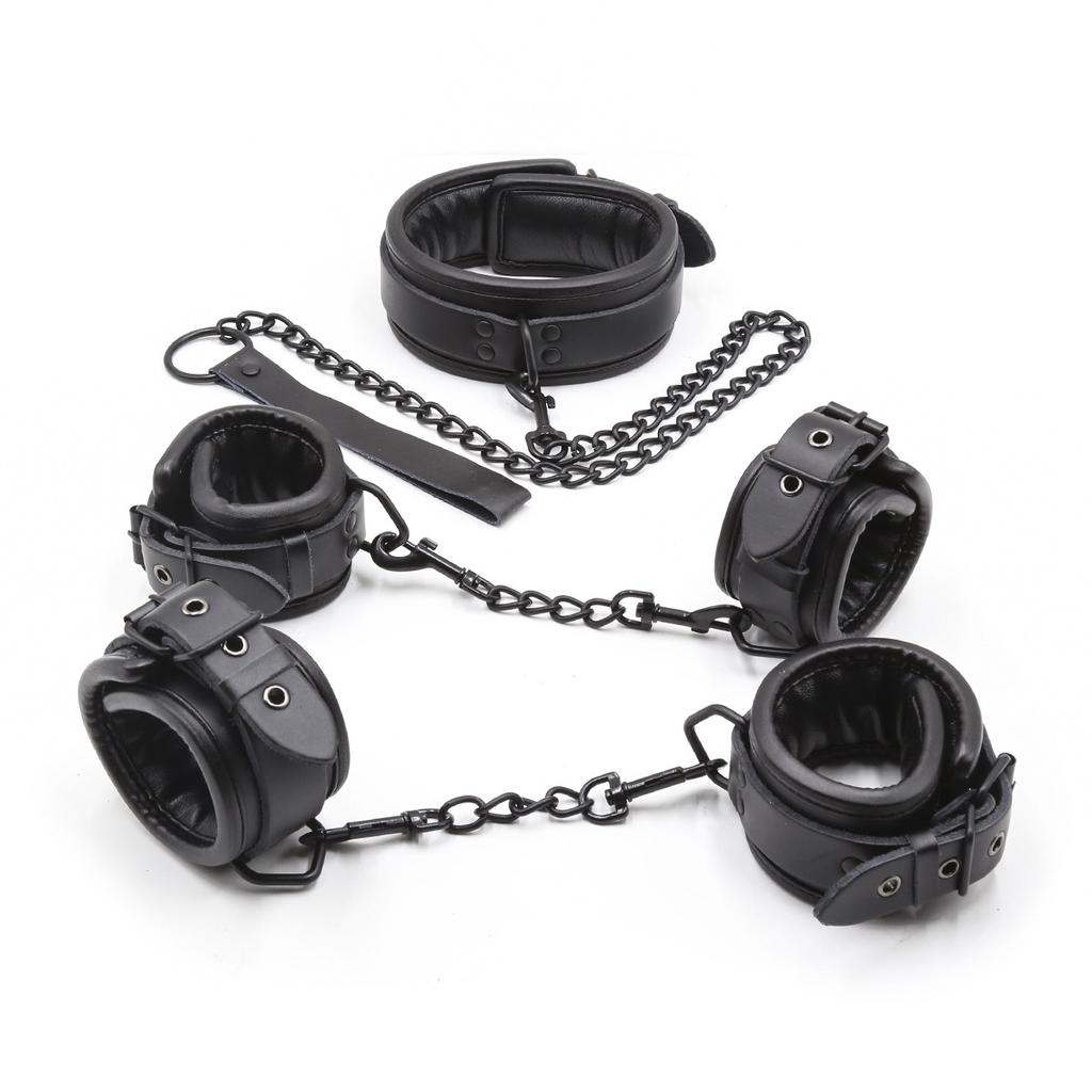 Black Genuine Leather  Bondage Set 3pcs Restraints Collars Ankle Cuff Handcuffs For Sex Bondage Set Sex Toys For Adults