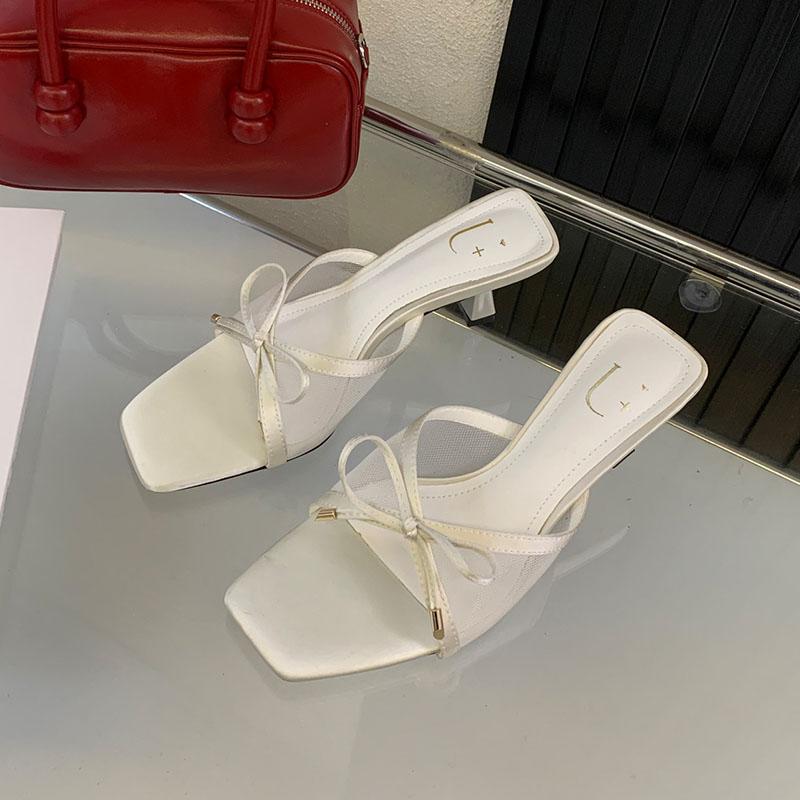 Fashion Fashion Butterfly-Knot Women Thin Heels Pumps Shoes Mesh Footwear Square Toe Ladies Heeled Shoes Female Slides Sandals Pumps