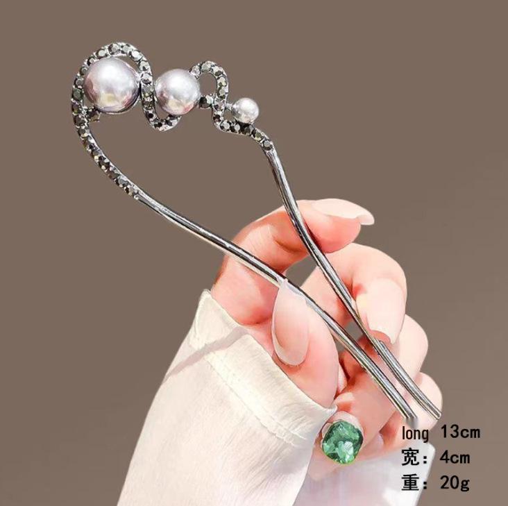 Épingle à cheveux vintage en forme de U avec pompon paon pour femmes - Épingle à chignon nacrée pour Cheongsam et Hanfu