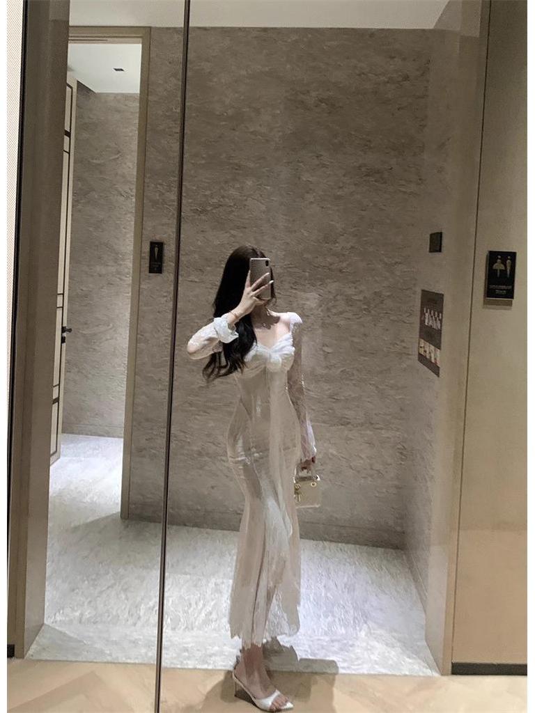 2026 French 3D Floral Ribbon Long Sleeve Lace Slimming Fishtail Formal Dress for Women