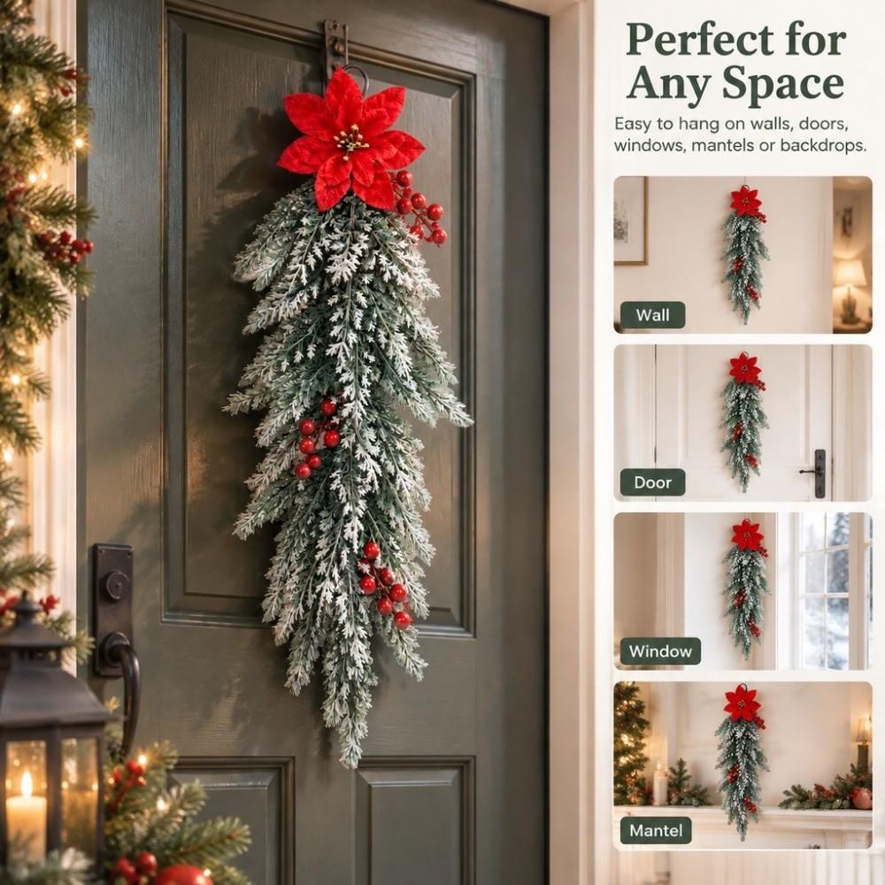 Flexible Branch Christmas Artificial Cedar Needle Red Berry Poinsettia Decor  Mantel Display