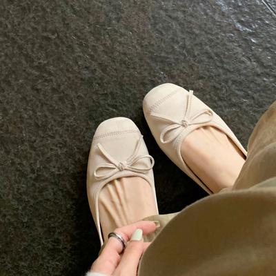 Cowhide Version~ French Bow Leather Soft-soled Ballet Shoes Women's Small Heel Single Shoes Mary Jane Ballet Flats