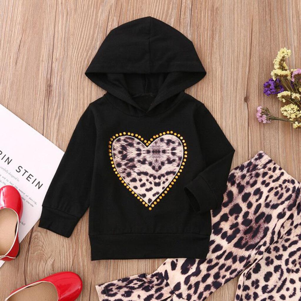 Newborn Infant Baby Girls Diamantes Heart Leopard Print Hoodie+Pants Set Outfit